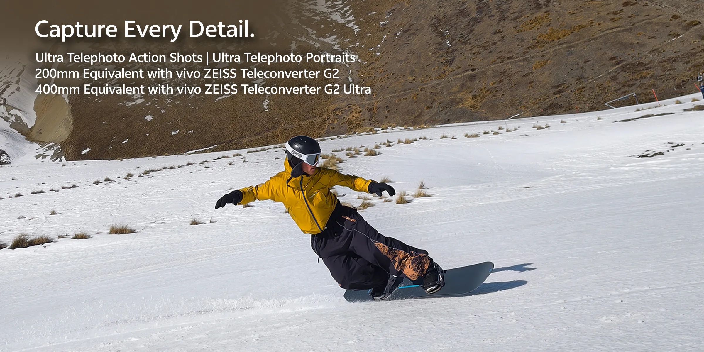 Snowboarder action shot with vivo X500 Pro Max ultra telephoto, 200mm and 400mm ZEISS teleconverter G2