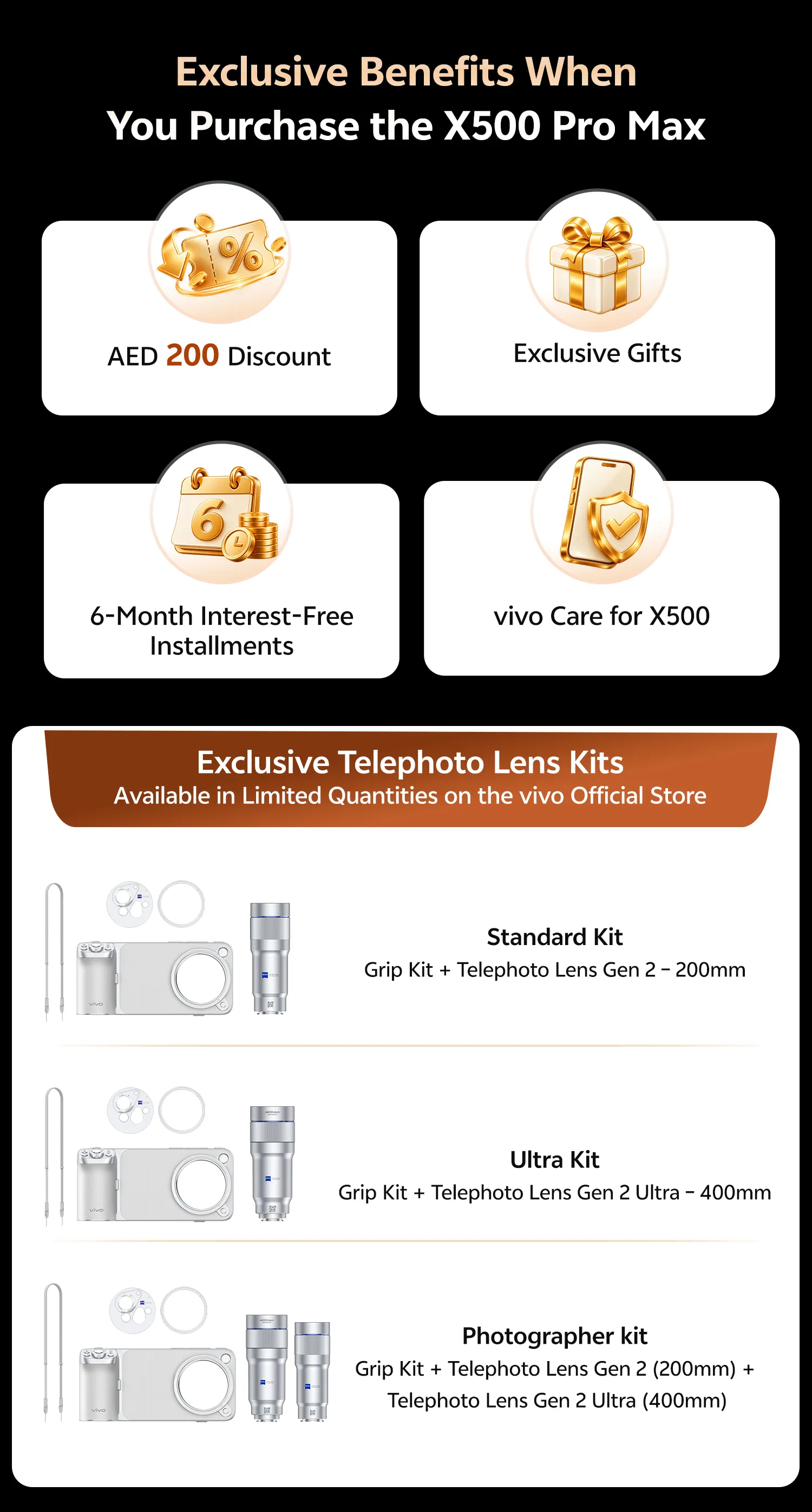 vivo X500 Pro Max launch perks: AED 200 off, free gifts, 6-month 0% installments, vivo Care and limited telephoto lens kits